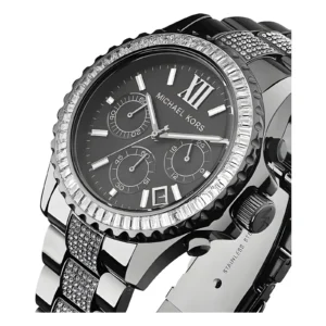 Close-up of a black Michael Kors watch featuring a studded bezel, three sub-dials, and a sleek stainless steel band.