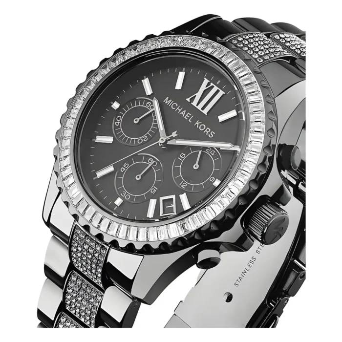 Close-up of a black Michael Kors watch featuring a studded bezel, three sub-dials, and a sleek stainless steel band.