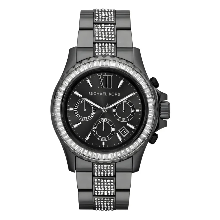 Stylish Michael Kors black watch featuring a sparkling crystal bezel, three sub-dials, and a silver accent bracelet.