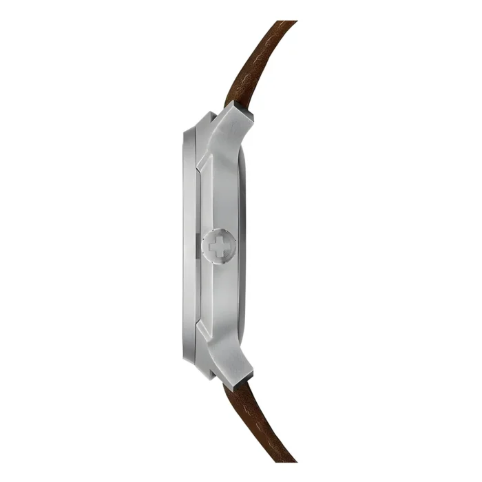 Side view of a sleek silver watch with a brown leather strap and a prominent Swiss cross logo on the crown.