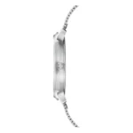 Side view of a sleek silver watch with a textured bezel and chain-link strap, featuring a small Swiss cross logo on the side.
