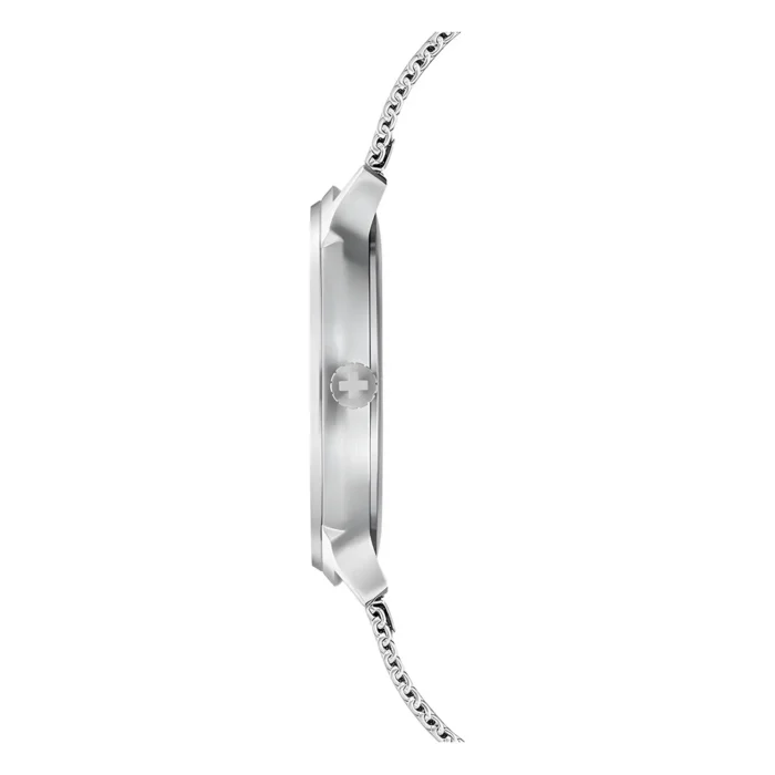 Side view of a sleek silver watch with a textured bezel and chain-link strap, featuring a small Swiss cross logo on the side.