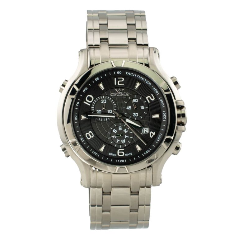 A silver metal watch with a black dial, chronograph features, tachymeter, and a stainless steel bracelet.
