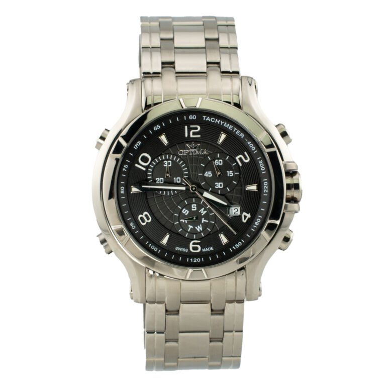 A silver metal watch with a black dial, chronograph features, tachymeter, and a stainless steel bracelet.