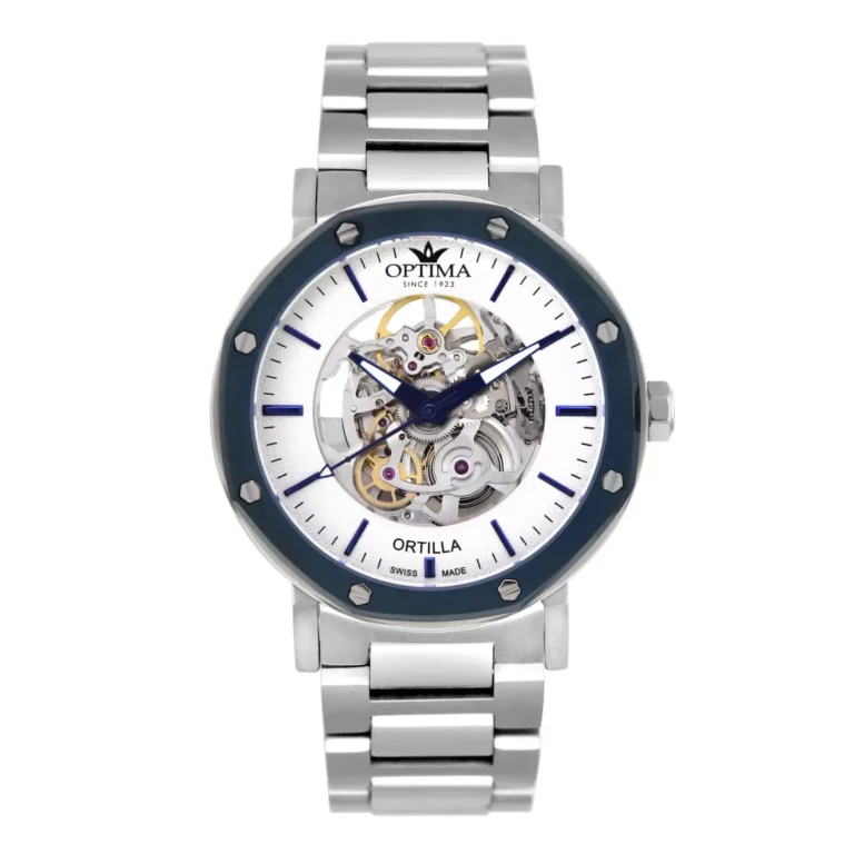 A sleek silver watch with a skeleton design, featuring a blue bezel and silver link strap. The dial showcases intricate gears and hands.