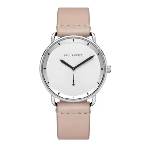 Minimalist silver watch with a white face, black hands, and an anchor symbol, featuring a soft beige leather strap.