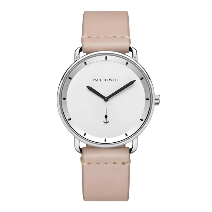 Minimalist silver watch with a white face, black hands, and an anchor symbol, featuring a soft beige leather strap.