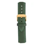 A dark green leather watch strap with teal stitching and a gold buckle, featuring multiple adjustment holes for size customization.