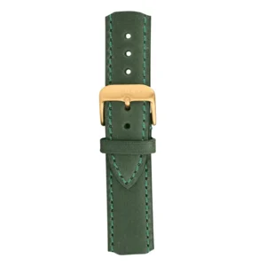 A dark green leather watch strap with teal stitching and a gold buckle, featuring multiple adjustment holes for size customization.