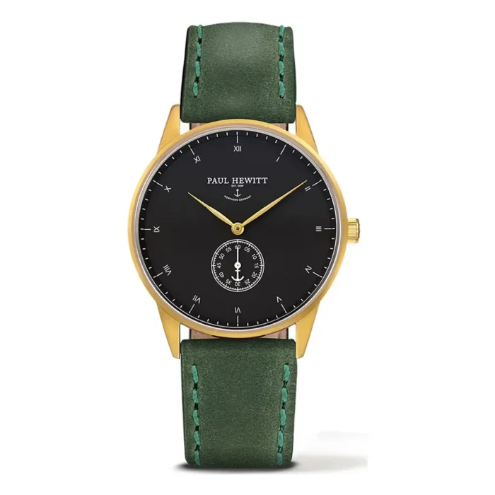 Elegant Paul Hewitt watch features a black dial, gold accents, and a green leather strap, showcasing a classic nautical design.