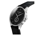Elegant silver and black Paul Hewitt watch with a sleek design, featuring a classic round face and a black leather strap.