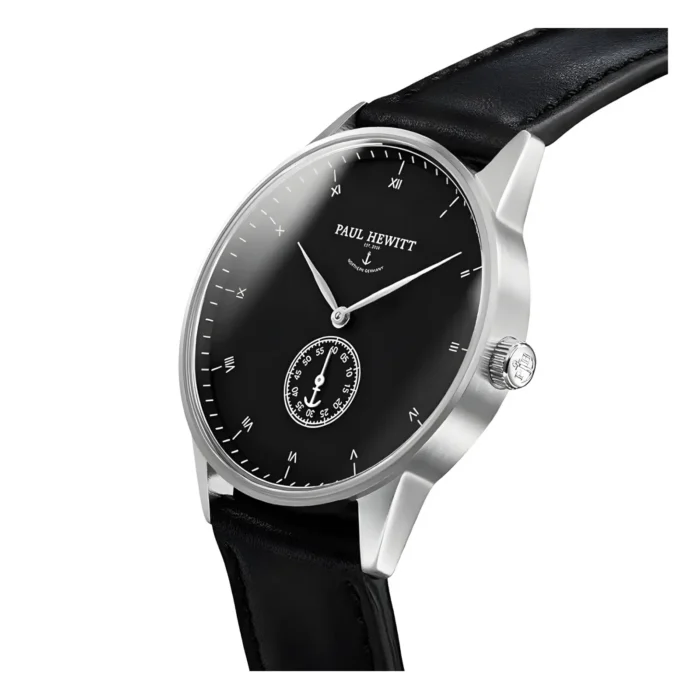 Elegant silver and black Paul Hewitt watch with a sleek design, featuring a classic round face and a black leather strap.