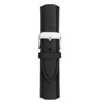 Close-up of a black leather watch strap with a silver buckle and stitching, featuring multiple adjustment holes for size fitting.