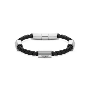 Black braided leather bracelet with silver geometric beads and a small winged emblem. Stylish and contemporary accessory.