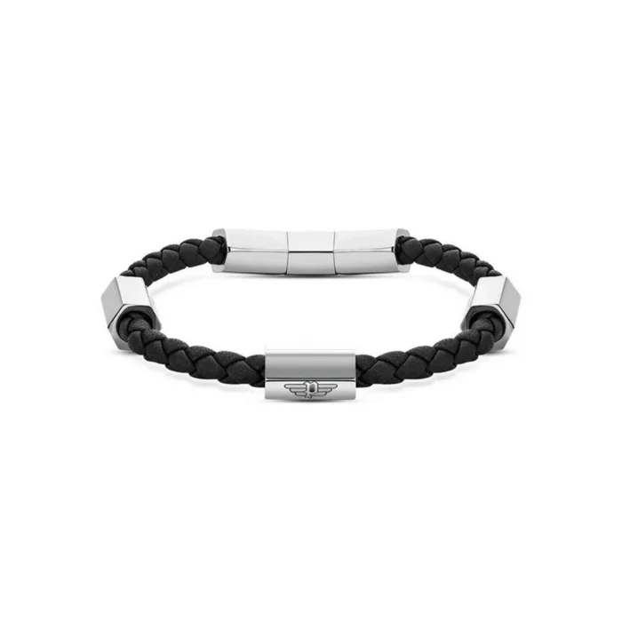 Black braided leather bracelet with silver geometric beads and a small winged emblem. Stylish and contemporary accessory.