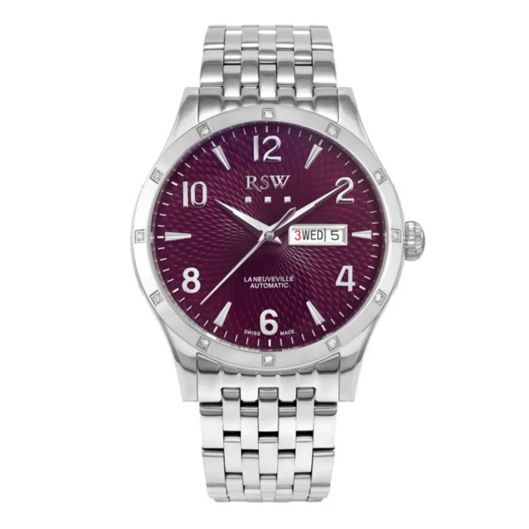 RSW automatic watch featuring a deep purple dial, silver-tone metal band, and date display showcasing a modern, elegant design.