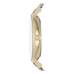 Side view of a gold and silver wristwatch showcasing its sleek design, featuring a prominent crown and smooth case finish.