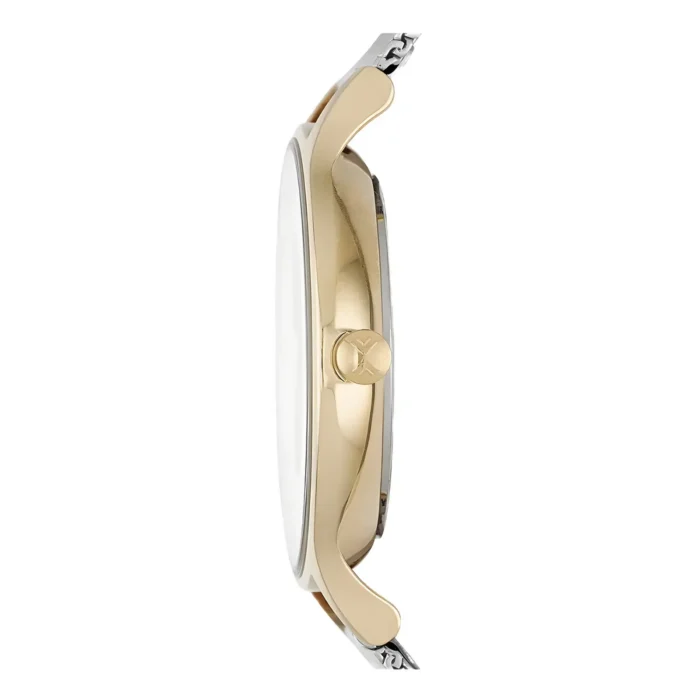 Side view of a gold and silver wristwatch showcasing its sleek design, featuring a prominent crown and smooth case finish.