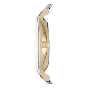 Side view of a gold and silver wristwatch showcasing its sleek design, featuring a prominent crown and smooth case finish.