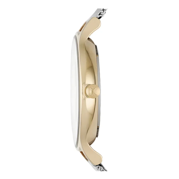 Side view of a gold and silver wristwatch showcasing its sleek design, featuring a prominent crown and smooth case finish.