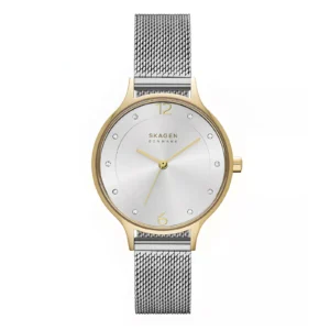 A stylish Skagen watch featuring a silver dial, gold accents, and a mesh band, embellished with sparkling hour markers.