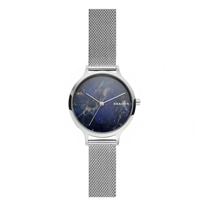 A sleek Skagen watch featuring a deep blue marble dial and a silver mesh strap, blending elegance with modern design.