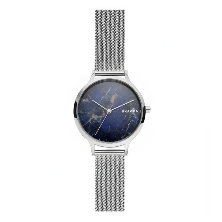 A sleek Skagen watch featuring a deep blue marble dial and a silver mesh strap, blending elegance with modern design.