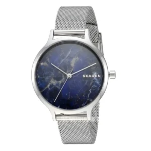 Elegant SKAGEN watch featuring a deep blue marble dial and silver mesh band, blending modern style with luxury.