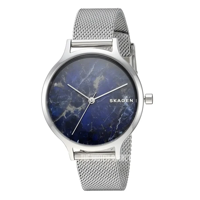 Elegant SKAGEN watch featuring a deep blue marble dial and silver mesh band, blending modern style with luxury.