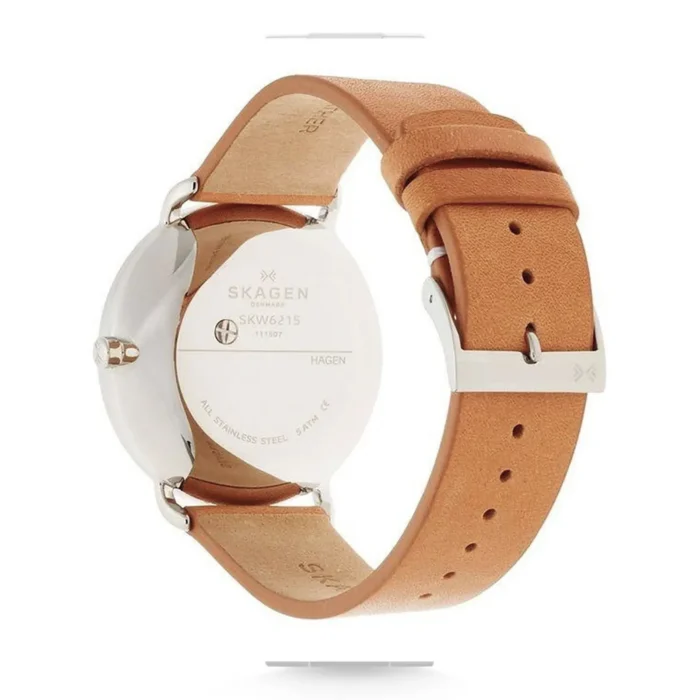Back view of a Skagen watch, featuring a silver stainless steel case and a tan leather strap with a metal buckle.