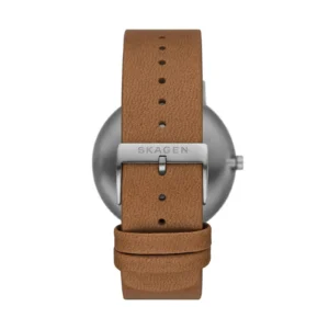 Close-up of a Skagen watch featuring a sleek metal case and a tan leather strap with buckle detail.
