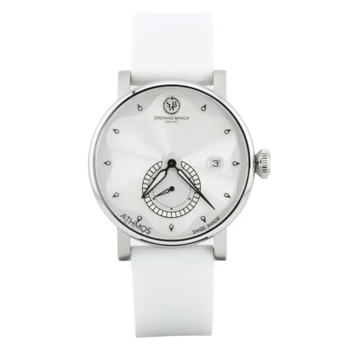 Silver-toned Stefano Braga watch with a textured dial, date display, and white silicone strap, showcasing Swiss craftsmanship.