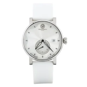 Silver-toned Stefano Braga watch with a textured dial, date display, and white silicone strap, showcasing Swiss craftsmanship.