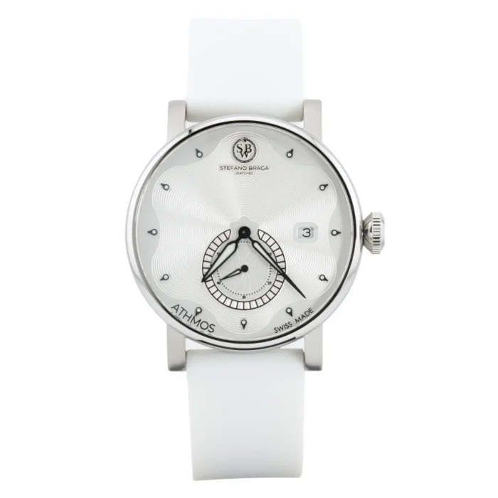 Silver-toned Stefano Braga watch with a textured dial, date display, and white silicone strap, showcasing Swiss craftsmanship.