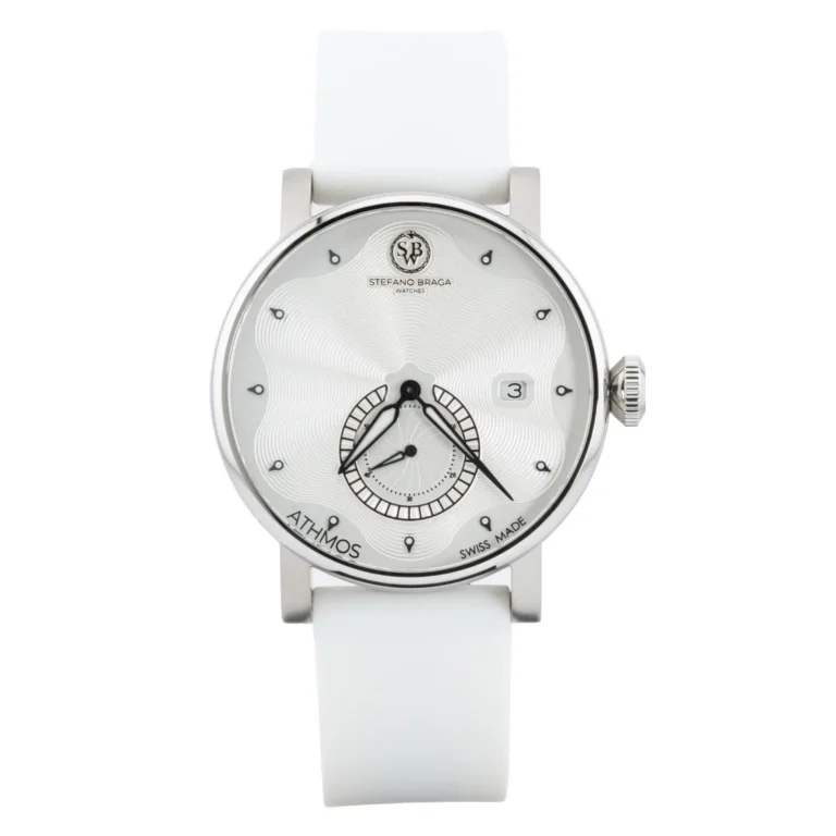 Silver-toned Stefano Braga watch with a textured dial, date display, and white silicone strap, showcasing Swiss craftsmanship.