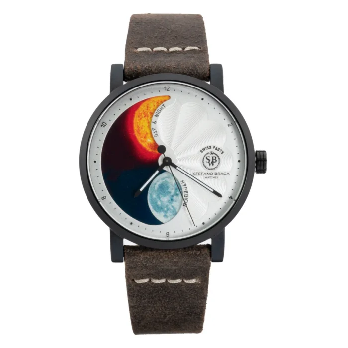 A stylish watch with a leather strap featuring a day-night dial displaying the sun, moon, and stars against a textured background.
