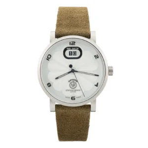 A stylish watch featuring a unique white flower-like dial, big date display, and a brown suede strap, showcasing modern elegance.