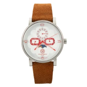 Stylish watch with a silver round face, red accents, and brown suede strap, featuring day, date, and moon phase indicators.