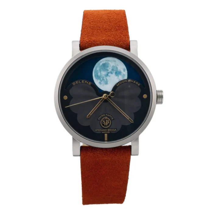 A stylish watch featuring a blue moon phase design, gold hands, and a brown suede strap, labeled "Selene Moon Phase."