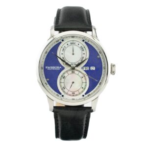 Men's Swissora watch featuring a blue dial, dual subdials, and a black leather strap, displaying day and month functions.
