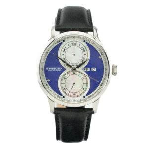 Men's Swissora watch featuring a blue dial, dual subdials, and a black leather strap, displaying day and month functions.