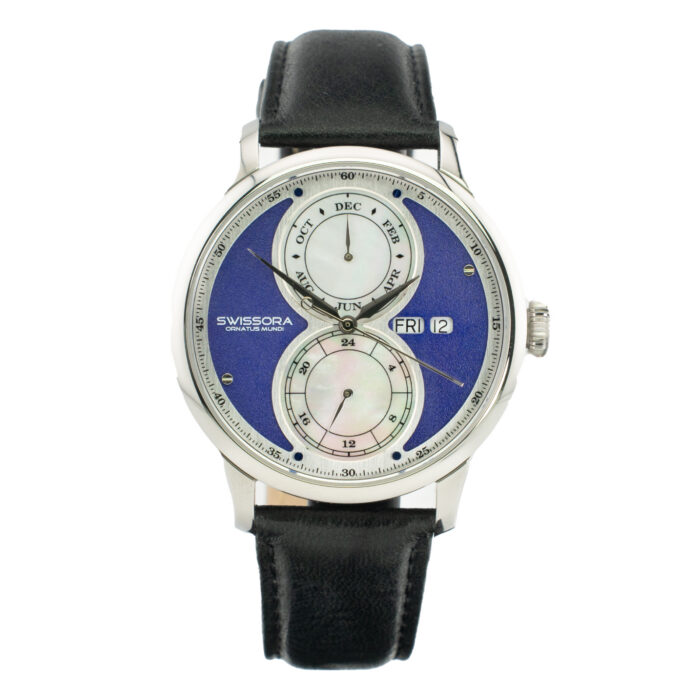 Men's Swissora watch featuring a blue dial, dual subdials, and a black leather strap, displaying day and month functions.
