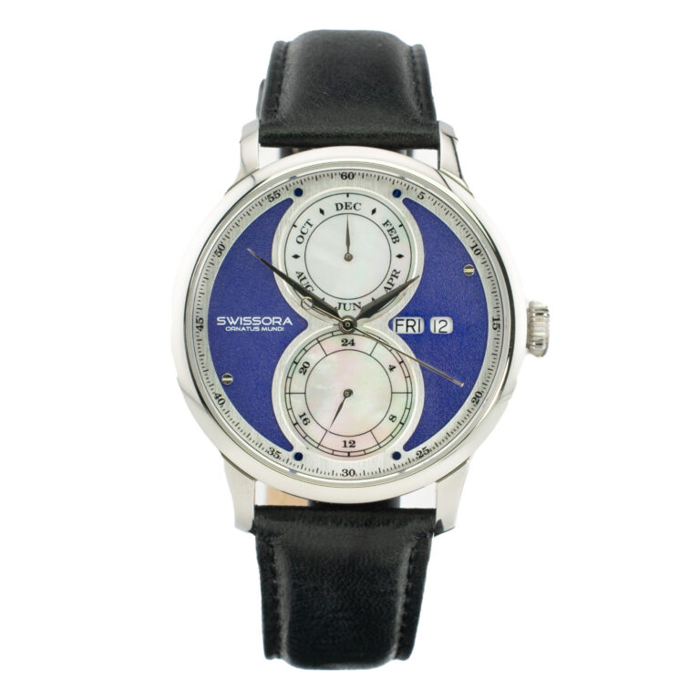 Men's Swissora watch featuring a blue dial, dual subdials, and a black leather strap, displaying day and month functions.
