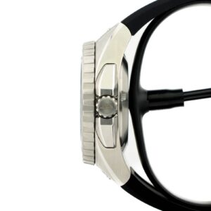 Close-up of a stainless steel watch profile featuring a textured bezel, a side crown, and a black rubber strap.