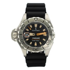 A black and silver Tecnotempo Tsunami Automatic diver's watch with a black rubber strap, 1000m water resistance, and date display.