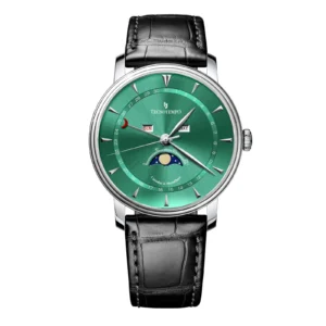 Elegant Tecnobtempo watch with a green dial, featuring day and month indicators, moon phase display, and a black leather strap.