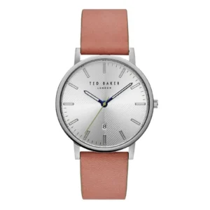 Ted Baker silver watch with numeral markers, blue and green hands, and a soft pink leather strap. Elegant and modern design.
