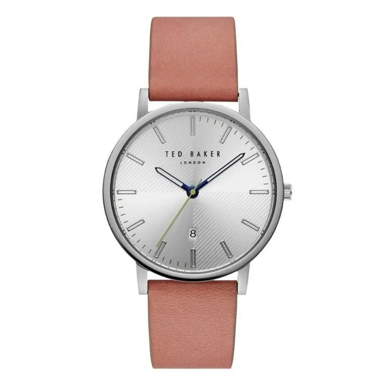 Ted Baker silver watch with numeral markers, blue and green hands, and a soft pink leather strap. Elegant and modern design.