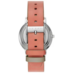 Back view of a Ted Baker watch featuring a coral leather strap and silver-toned case, highlighting its stylish design.