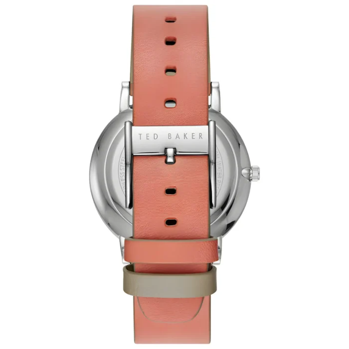 Back view of a Ted Baker watch featuring a coral leather strap and silver-toned case, highlighting its stylish design.